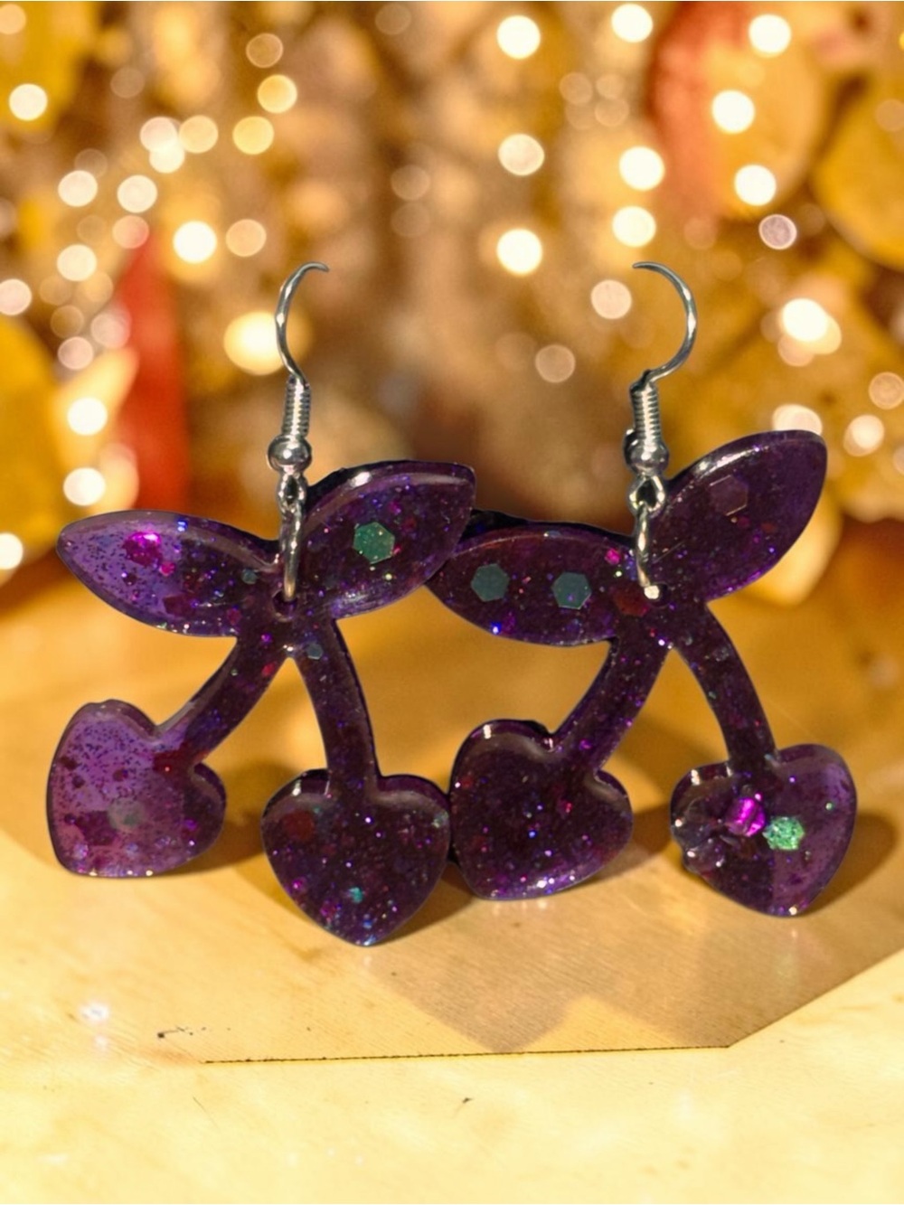 Handmade Purple Glitter Cherry Resin Dangle Earrings - Picture 4 of 6